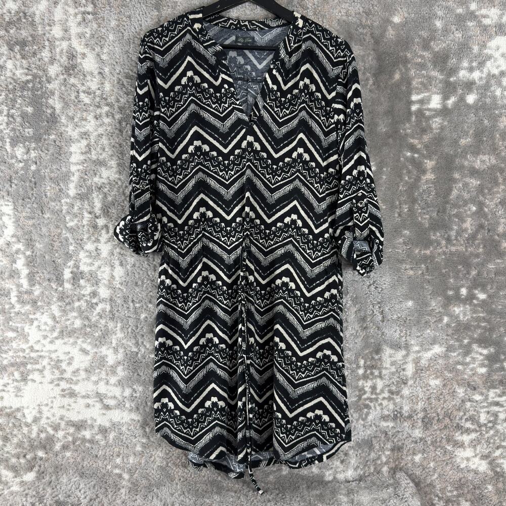 Lily Rose Size XL Geometric Tie Front Stretch V Neck Mini Dress Black 3/4 Sleeve